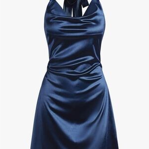 Zaful Navy Blue Satin Halter Dress